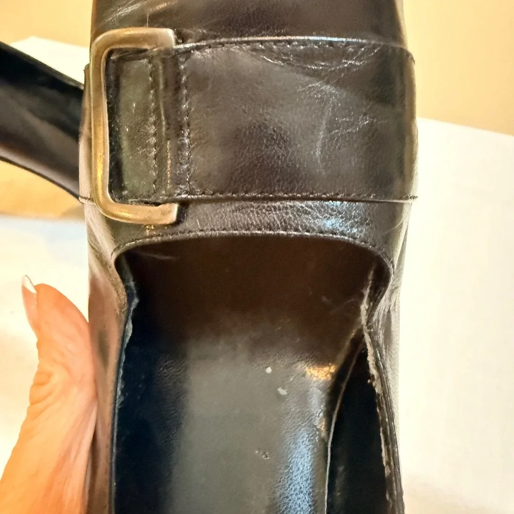 Bandolino Flawless Pumps 7M Black Leather Square Toe Buckle Stiletto Heels